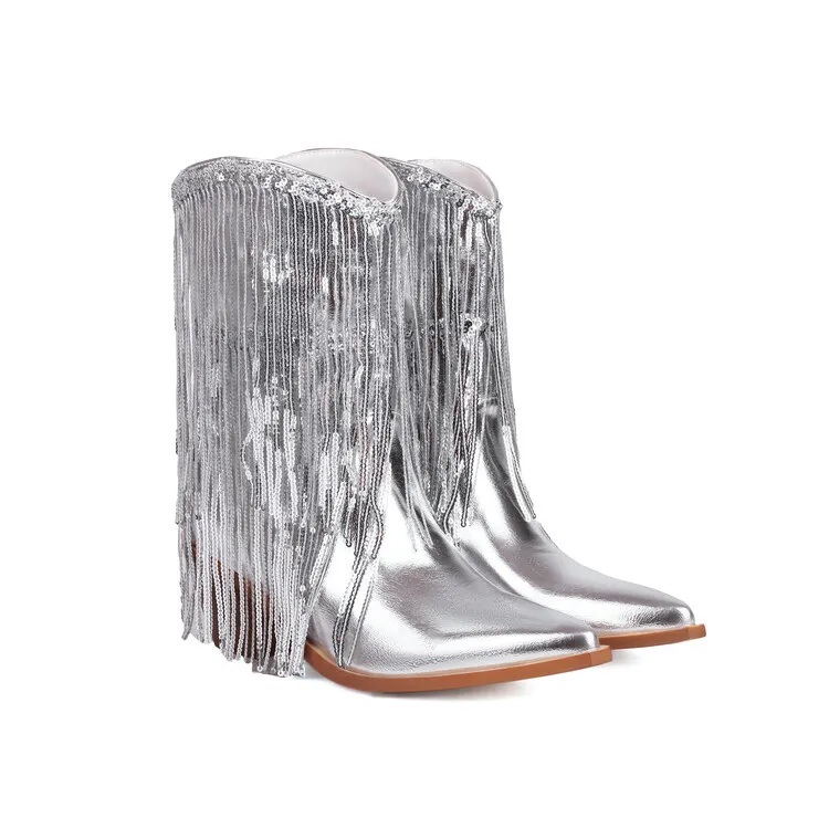 Sexy Sequin Tassel Pointed-Toe Chunky-Heel Ankle Boots For Women - Silver