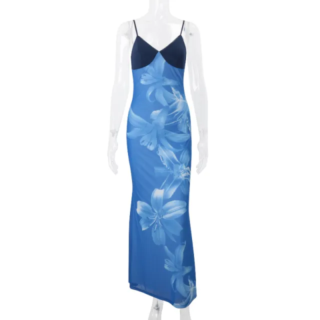 Mesh Slim Fit Patchwork Sling Dress Women Blue - Shop at LoveMi