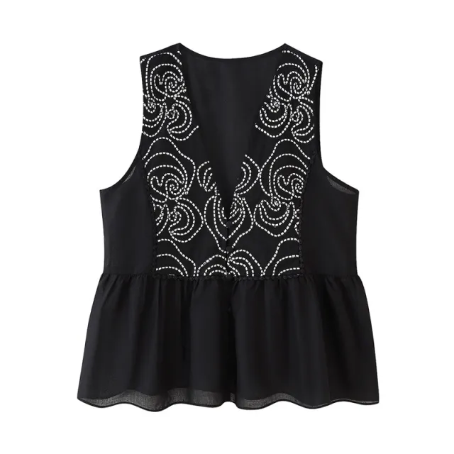 Ethnic Style Floral Lace Embroidered Sleeveless Shirt Black - Shop at LoveMi