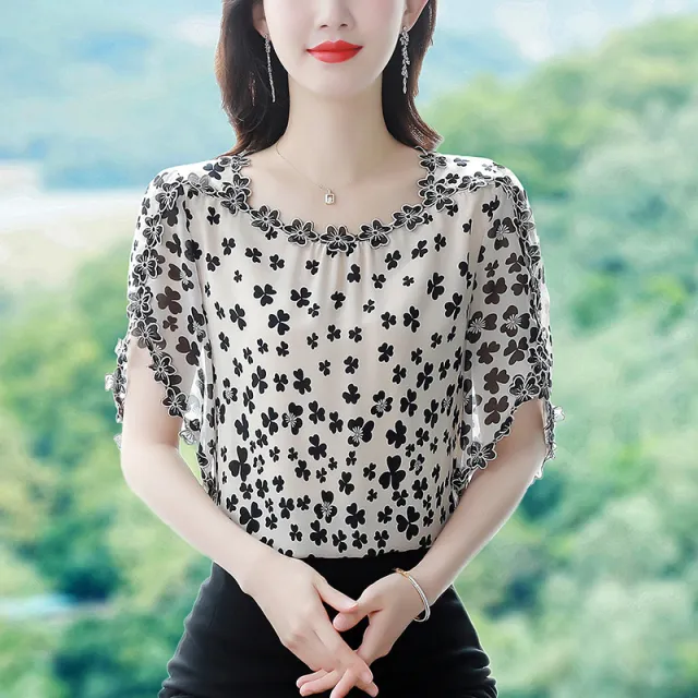 Embroidery Floral Shirt Fashion Chiffon Short Sleeve Floral - Shop at LoveMi