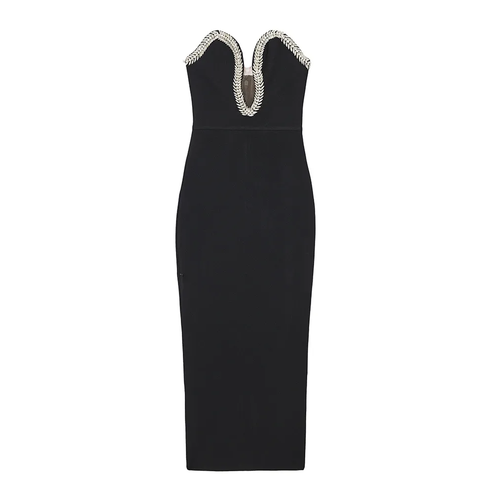 Summer Tube Top V-neck Diamond Black Bandage One-piece Dress - Black