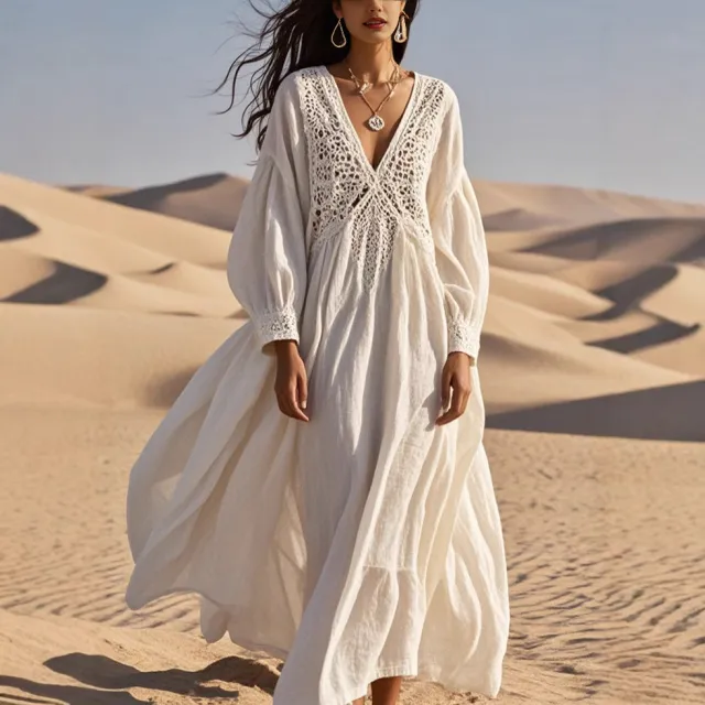 Lace Hollow Loose Long Sleeve Cotton And Linen Dress White - Shop at LoveMi