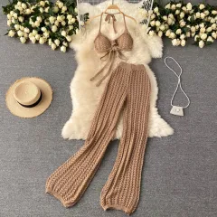 Two Piece Lace Up Top Hollowed Out Knit Wide Leg Pants Set - Khaki - View 1