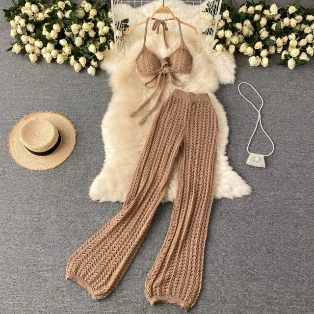 Two Piece Lace Up Top Hollowed Out Knit Wide Leg Pants Set Khaki - Shop at LoveMi