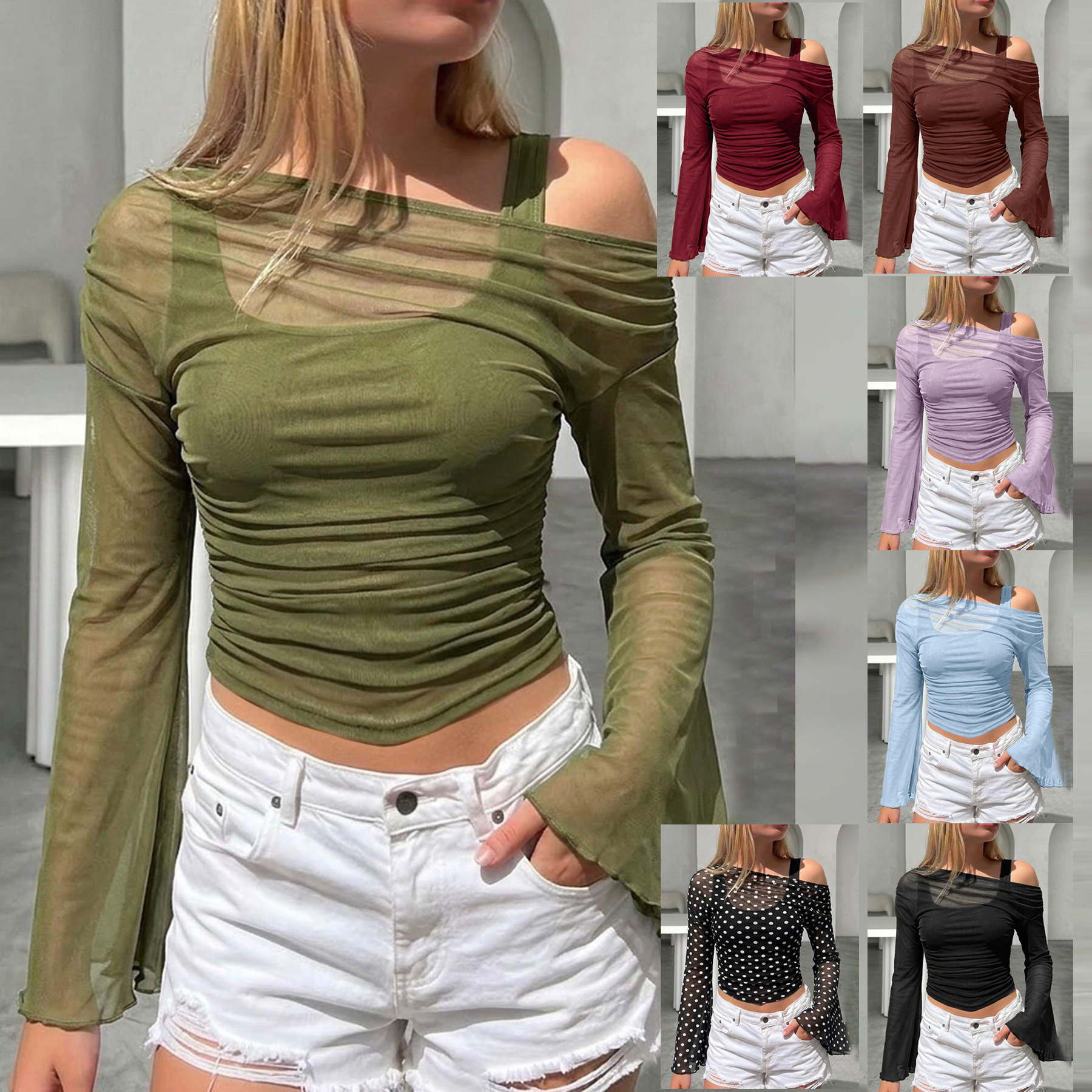 Women's mesh neck pleated long-sleeve top – slim fit knit – front view