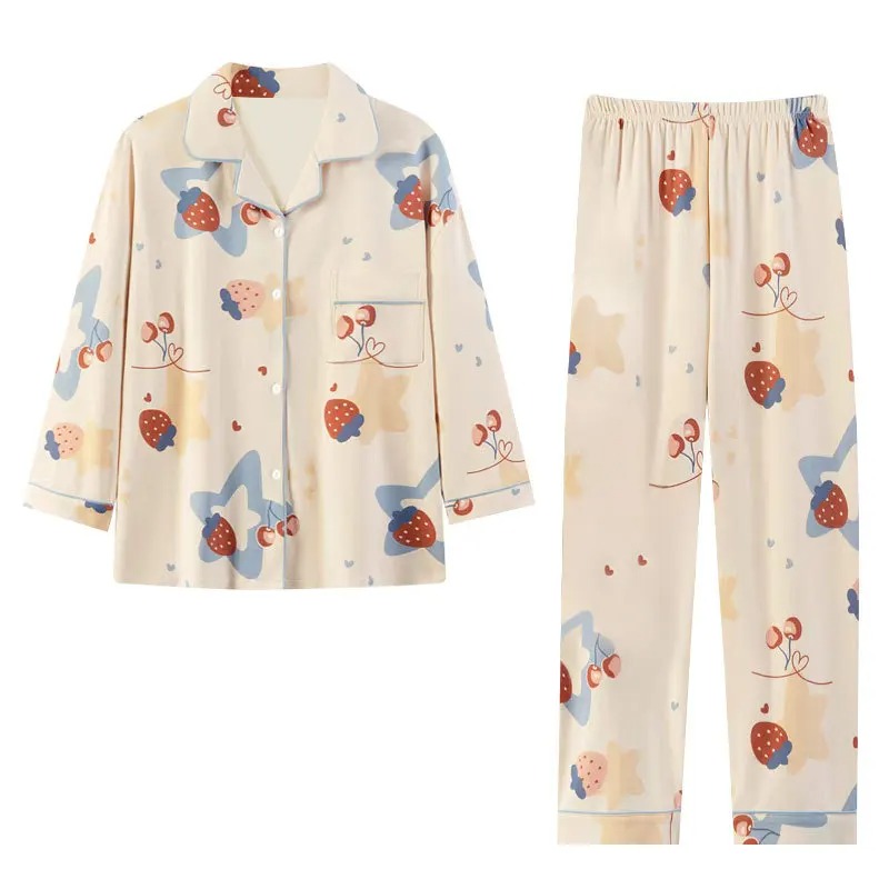 Women's Sweet Cherry Long Sleeve Cardigan Homewear Suit