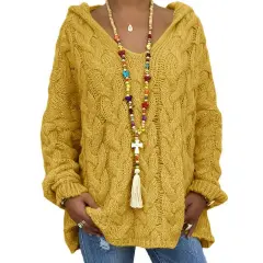 Solid Colour Twist Knitted Hoodie Sweater For Women - Ginger Yellow - View 1