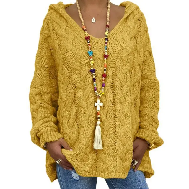 Solid Color Twist Knitted Hoodie Sweater For Women Ginger Yellow - Shop at LoveMi