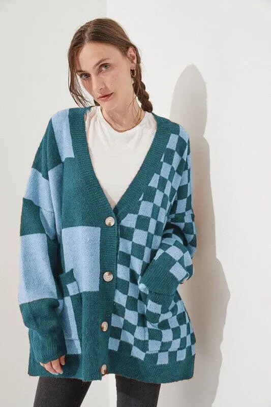 Trend Loose Slim Fit Printed Checks Knitwear Peacock Blue - Shop at LoveMi