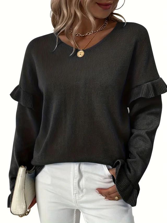 Solid Color And V neck Petal Sleeve Sweater For Women Black - Shop at LoveMi