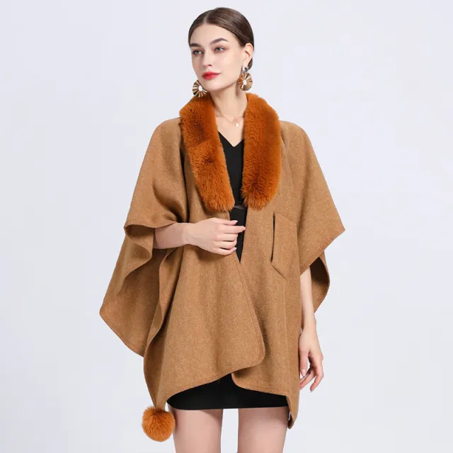 Imitation Rex Rabbit Fur Collar Cape And Shawl Female Loose Knitted Cardigan Camel - Shop at LoveMi