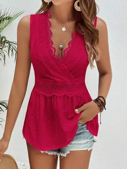 Women's Solid Color Sleeveless Lace Trim Top Scarlet - Shop at LoveMi