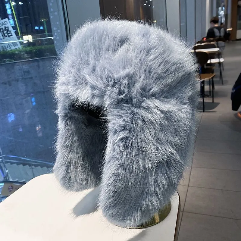Mink Plus-sized Thickened Female Warm Earflaps Cap - Gray
