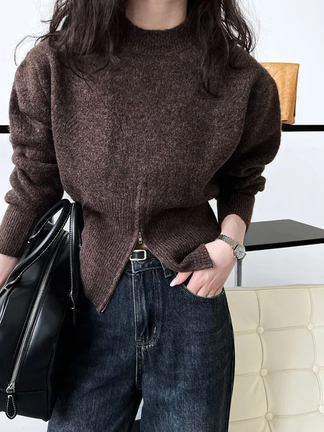Autumn Short Zipper Sweater Western Style High Sense Special interest Design Round Neck Pullover Brown - Shop at LoveMi
