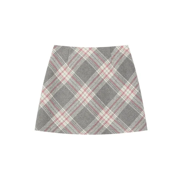 Womens High Waisted Simple Wool Plaid Skirt Gray - Shop at LoveMi