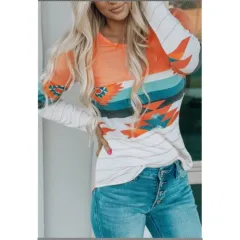 Women's Printed Round Neck Knitted Long-sleeved Top T-shirt - Orange Red - View 1