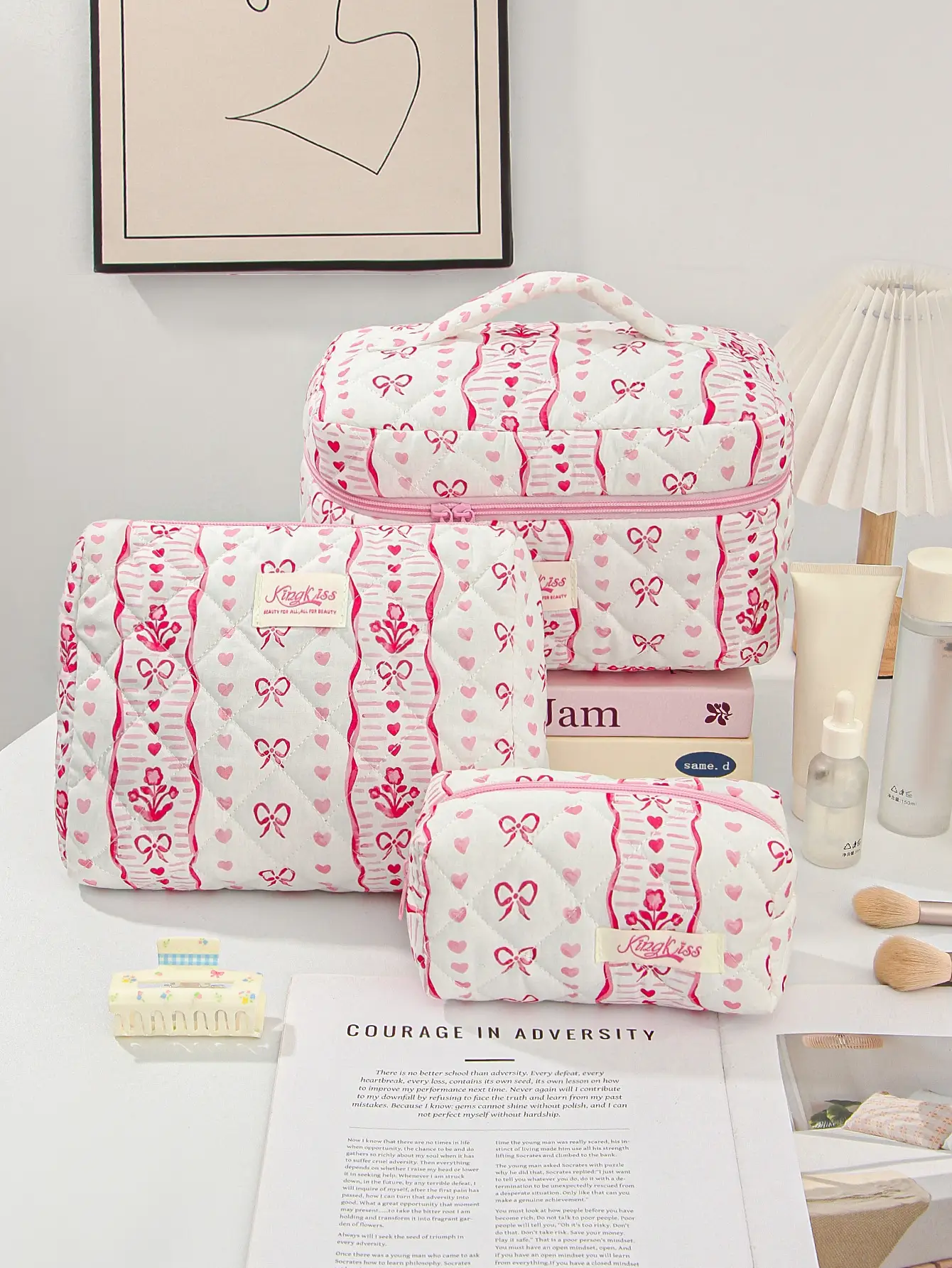 Simple Large-Capacity Multi-Functional Cherry Bow Storage Bag