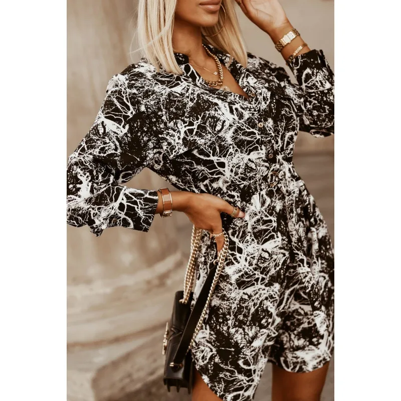Autumn And Winter New Fashion Waist-controlled Tied Long Sleeves Printed Shirt Dress - Black And White Tie Dye