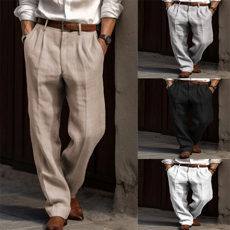 Mens Linen Trousers Double Pleats Front Pockets Straight-leg Solid Color