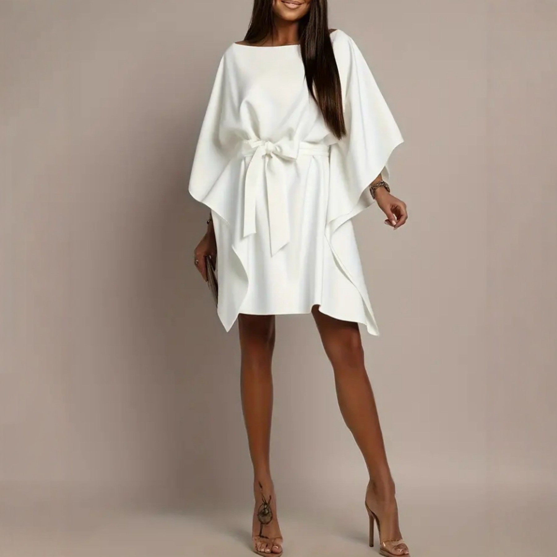 New Womens Loose Casual Dress In White With Batwing Sleeves And A Tie Waist