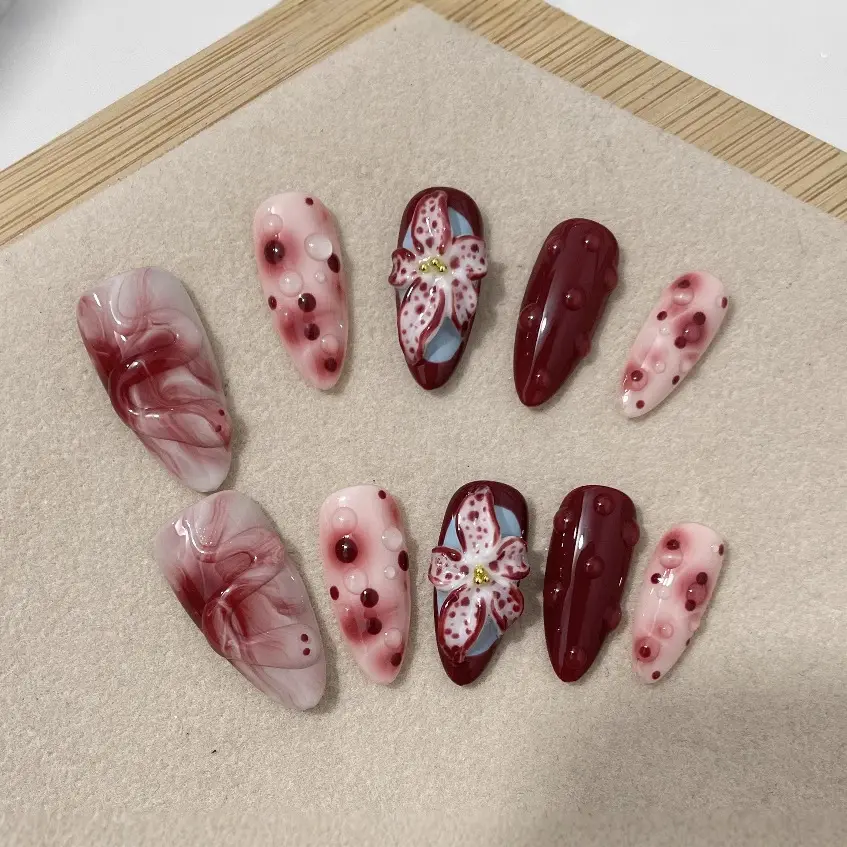 Blooming Hand-painted Three-dimensional Carved Mid-length Manicure Wear