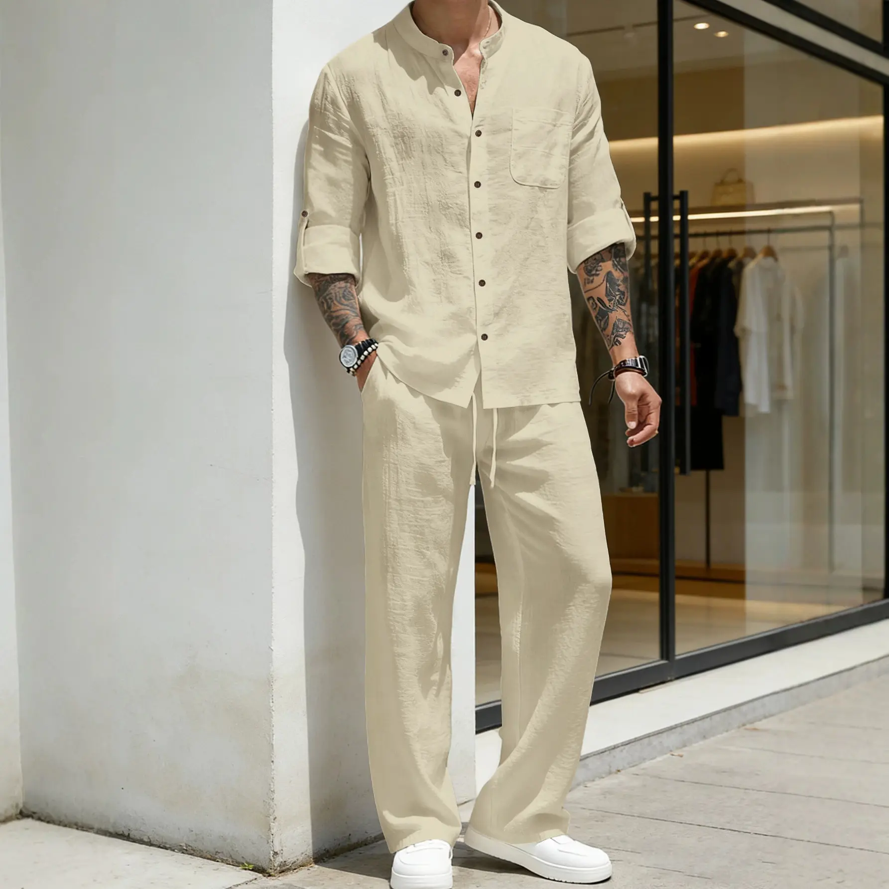 Mens Solid-Color Linen Long-Sleeve Shirt And Pants
