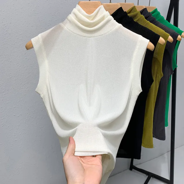 Ladies New Turtleneck Grenadine Solid Color Waist Tight Sleeveless Top White - Shop at LoveMi