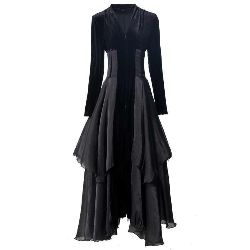 Velvet Stitching Tulle Sexy V-neck Long Sleeve Ruffled Black Cake Dress