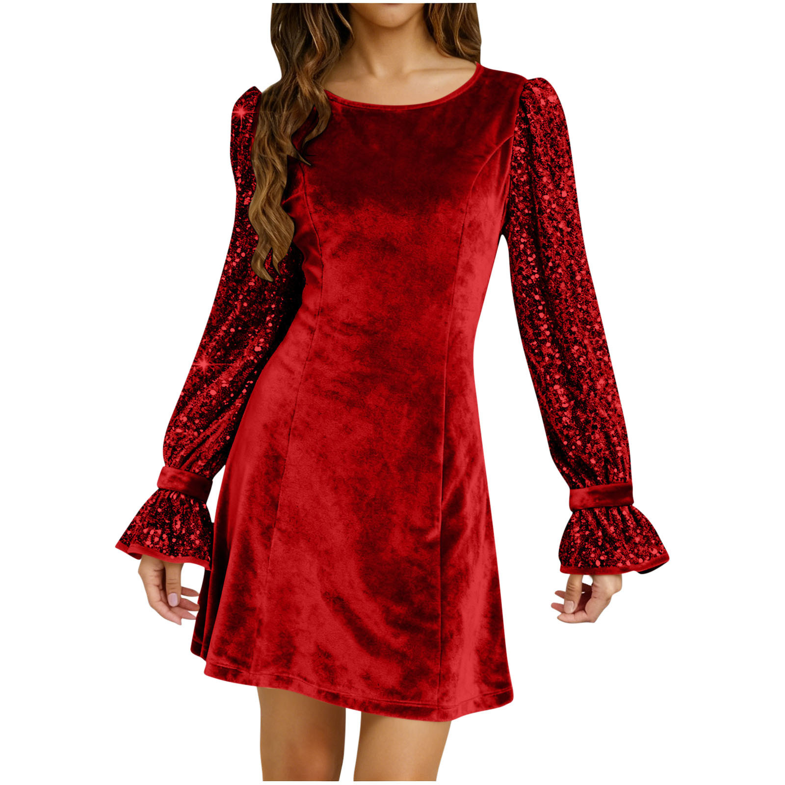 Solid Color Crew Neck Gold Velvet Sequin Long Sleeve Dress Red - Shop at LoveMi