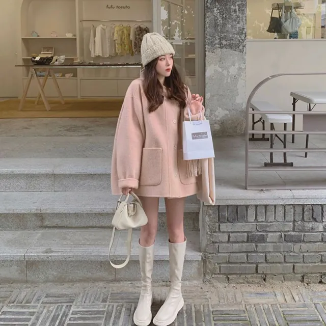 Women's Solid Color Mid length Hooded Wool Coat Pink - Shop at LoveMi