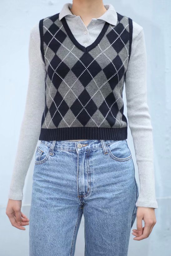 Retro Preppy Style Versatile Diamond-Check BM Knitted Vest