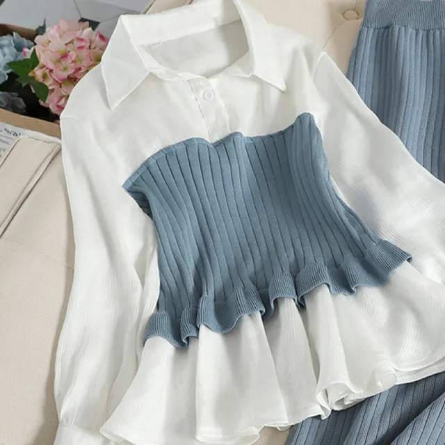 Slim Fit Fashionable Knitted Base Sweater Dress Two piece Suit Blue Unlined Top - Shop at LoveMi