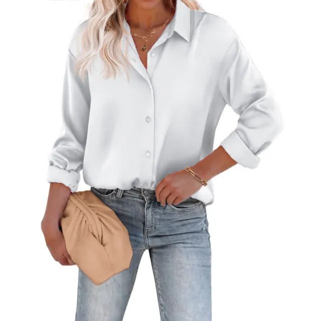 Women's Satin Silk Button Shirt European And American Leisure Loose Long Sleeve Satin Top White - Shop at LoveMi