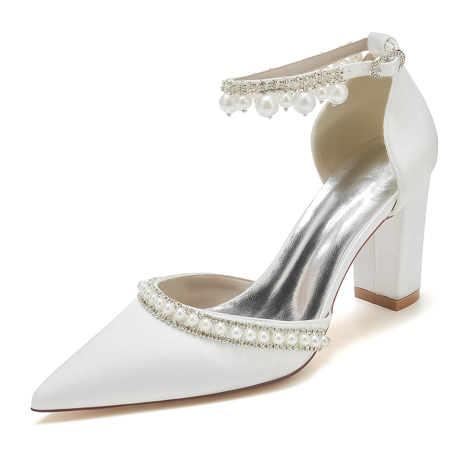 Title 7, Satijnen pumps met spitse neus, blokhak, strass...