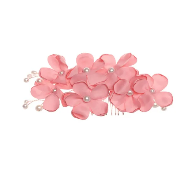 Bride Flower Fabric Pearl Hair Comb Accessories Korean Pink - Shop at LoveMi
