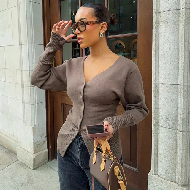 Women's Slim Knit Sweater Cardigan Coat Coffee - Shop at LoveMi