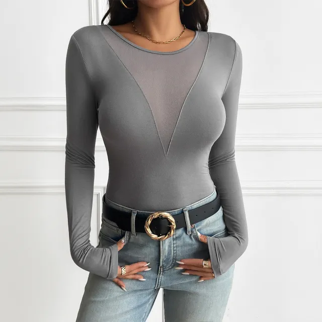 Women's Y2g Stitching Solid Color Long sleeved T shirt Top Gray - Shop at LoveMi
