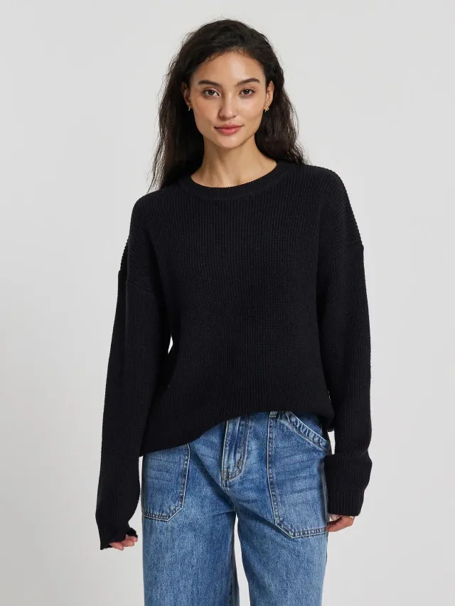 Round Neck Long Sleeve Pullover Loose And Lazy Style Sweater Black - Shop at LoveMi