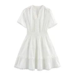 Summer Elegant Patchwork Edge Hollow Design Tight Waist A Swing Short Sleeve Dress - View 1