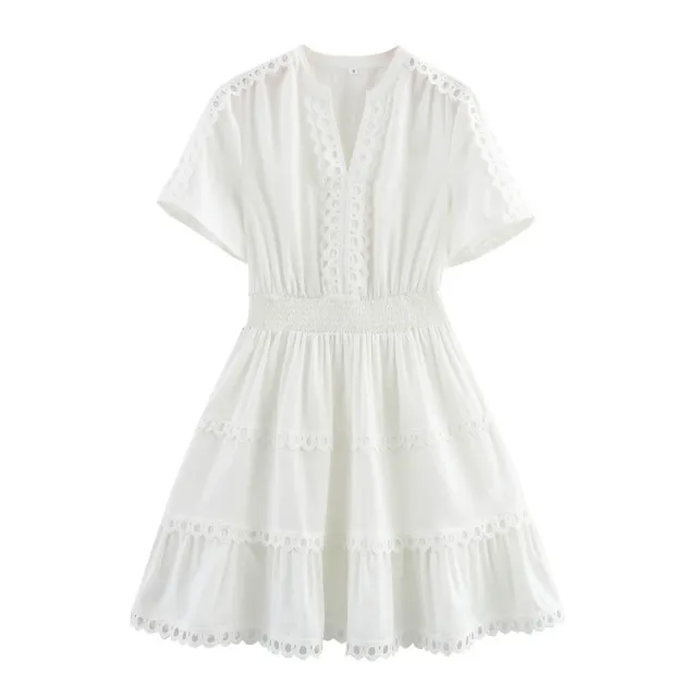 Summer Elegant Patchwork Edge Hollow Design Tight Waist A Swing Short Sleeve Dress - Shop at LoveMi
