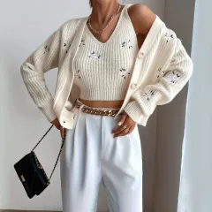 Women's Spring And Autumn Elegant Embroidery Two-piece Set - Milky White - View 1