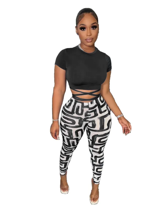 Fashion Printed Trousers Short Sleeve Two piece Set Black - Shop at LoveMi