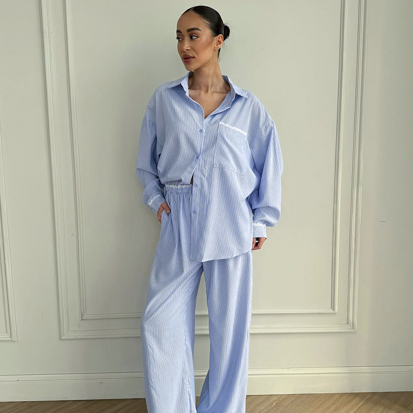 Womens Comfortable Striped Pajama Set With Long Sleeves And Long Pants