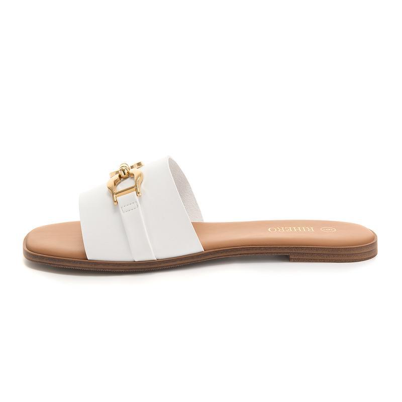 Synthetic Leather Square-Toe Flat Sandals With Metal Buckle
