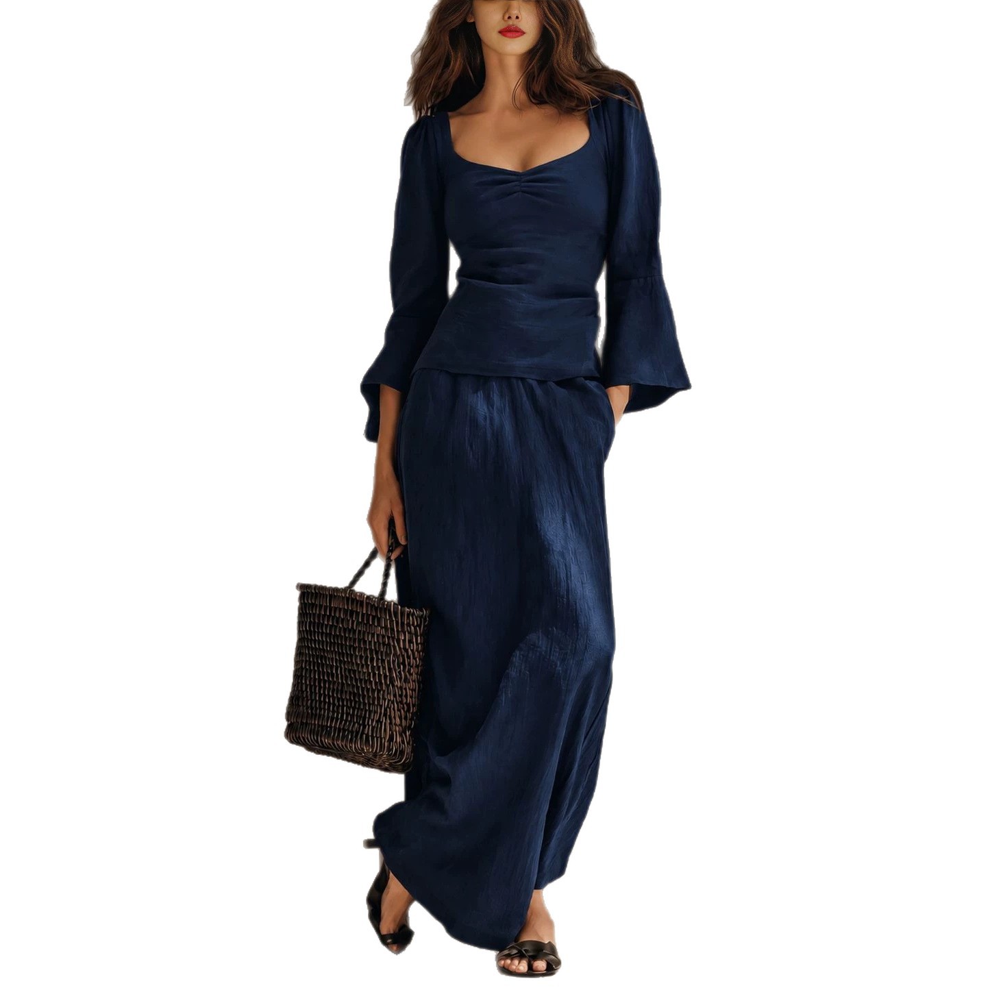 Womens Square-neck Loose-fit Long-sleeve Top And High-waisted Skirt Two-piece Set 8