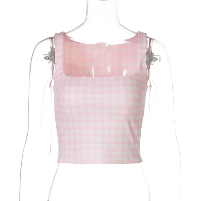 Fashion Square Collar Plaid Printed Slim Fit Midriff baring Vest Pink - Shop at LoveMi