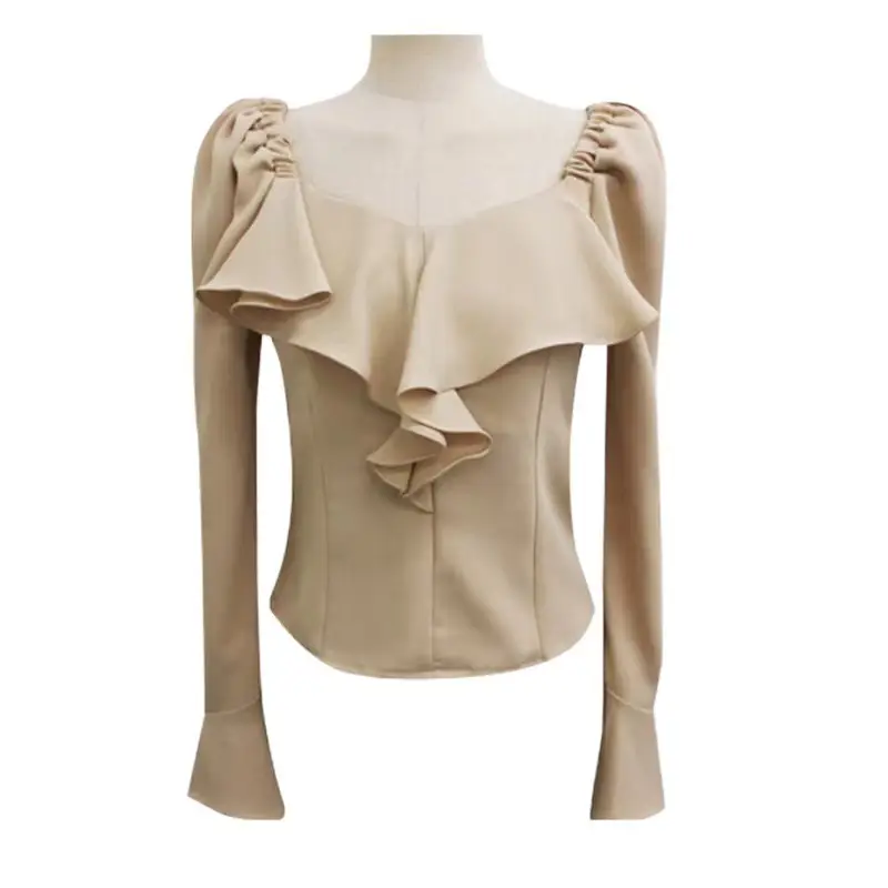 Ruffle-trimmed Slim-fit Long-sleeve Shirt