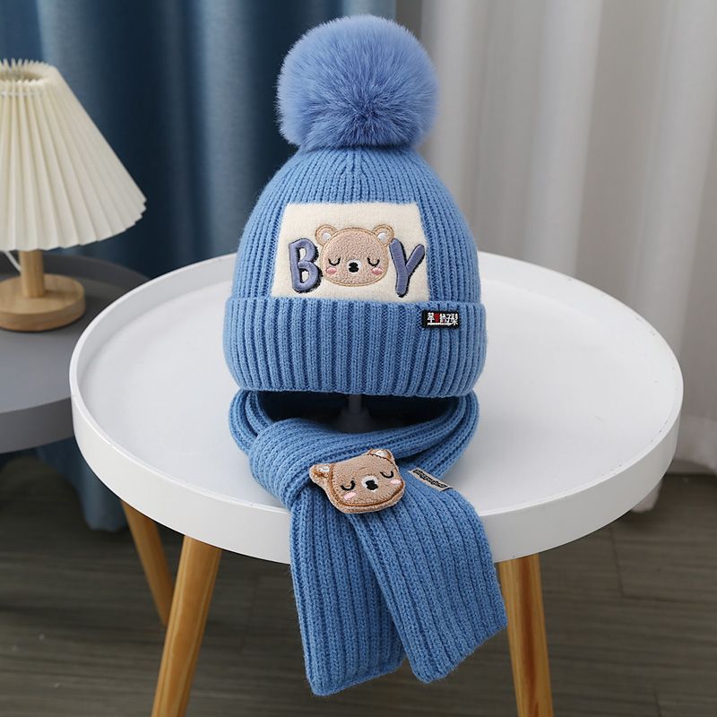 Children Hat Women's Knitted Keep Baby Warm Cartoon Bear Two-piece Set