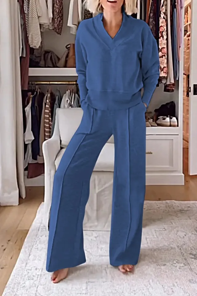 V neck Long Sleeve Loose Top Wide Leg Pants Two piece Set Blue - Shop at LoveMi