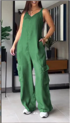 European And American Thin Jeans Wear Pocket V-neck Jumpsuit - Green - View 1